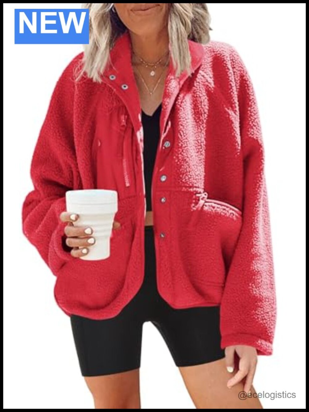 Women's Fuzzy Fleece Jacket with Pockets Sherpa Button Down
